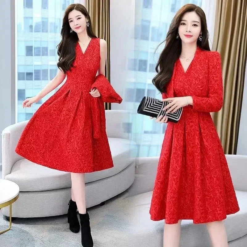 

Elegant Jacquard Dress Suit Korean V Neck Pleated A-Line Dresses Matching Cardigan Ensemble Femme 2 Piece Set Women Outfits N310