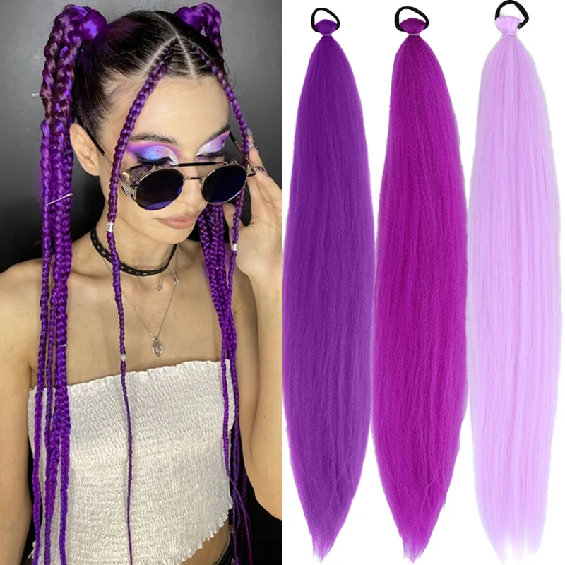 

Синтетический 26-дюймовый фиолетовый хвостик с эластичной резинкой для волос, красочный прямой плетеный хвост, шиньон для женщин, сделай сам