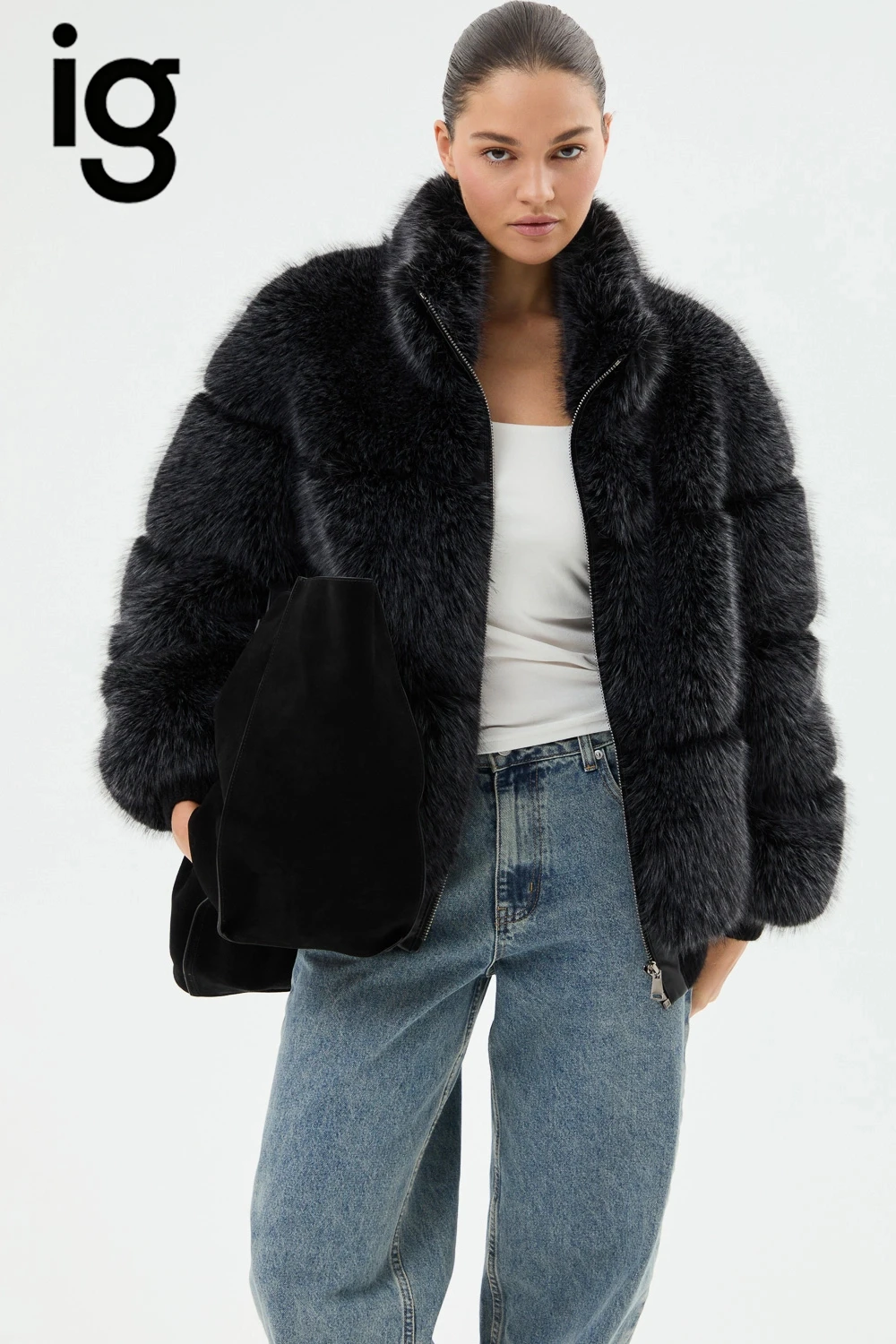 IG 2026 Women Stand Collar Zip Up Horizontal Stripe Faux Fur Jacket Oversized Loose Soft Warm Winter Trendy Outerwear Coat