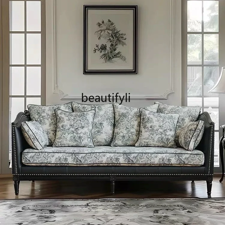 

HFrench retro solid wood leisure sofa Nordic living room fabric leisure leather sofa