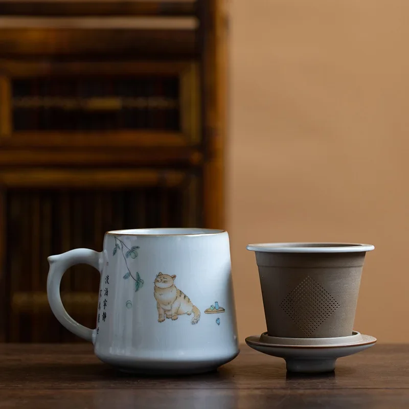 Cute Cat Ceramic Mug with Lid, Retro Filter Water Cup, Office Tea Pot, Maker Strainer, Cha Tea Accessories, 380ml