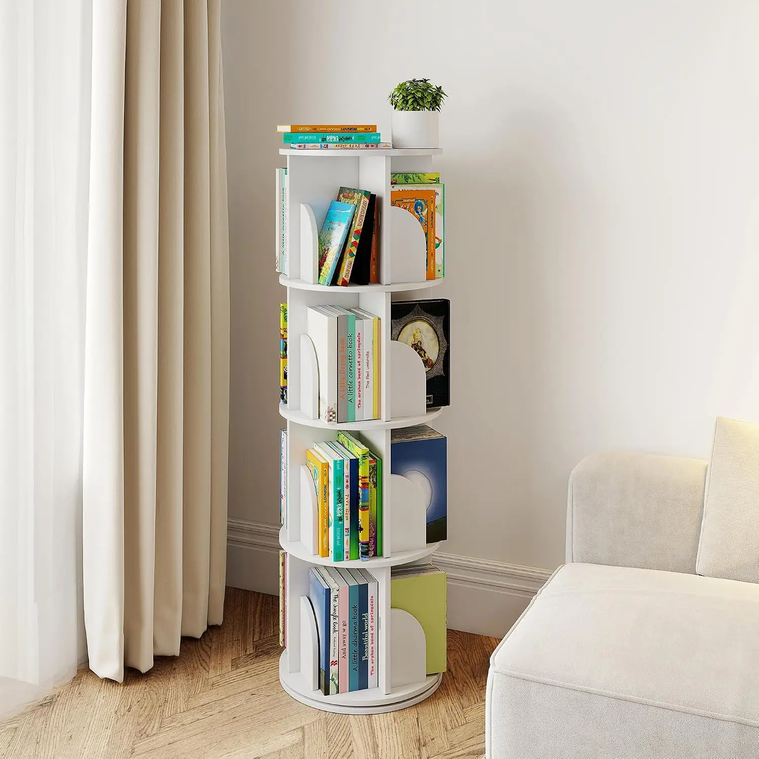 360 Rotating Bookshelf, Floor Standing Corner Storage Rack, 4 Tier Revolving Organizer for Bedroom & Office, 50