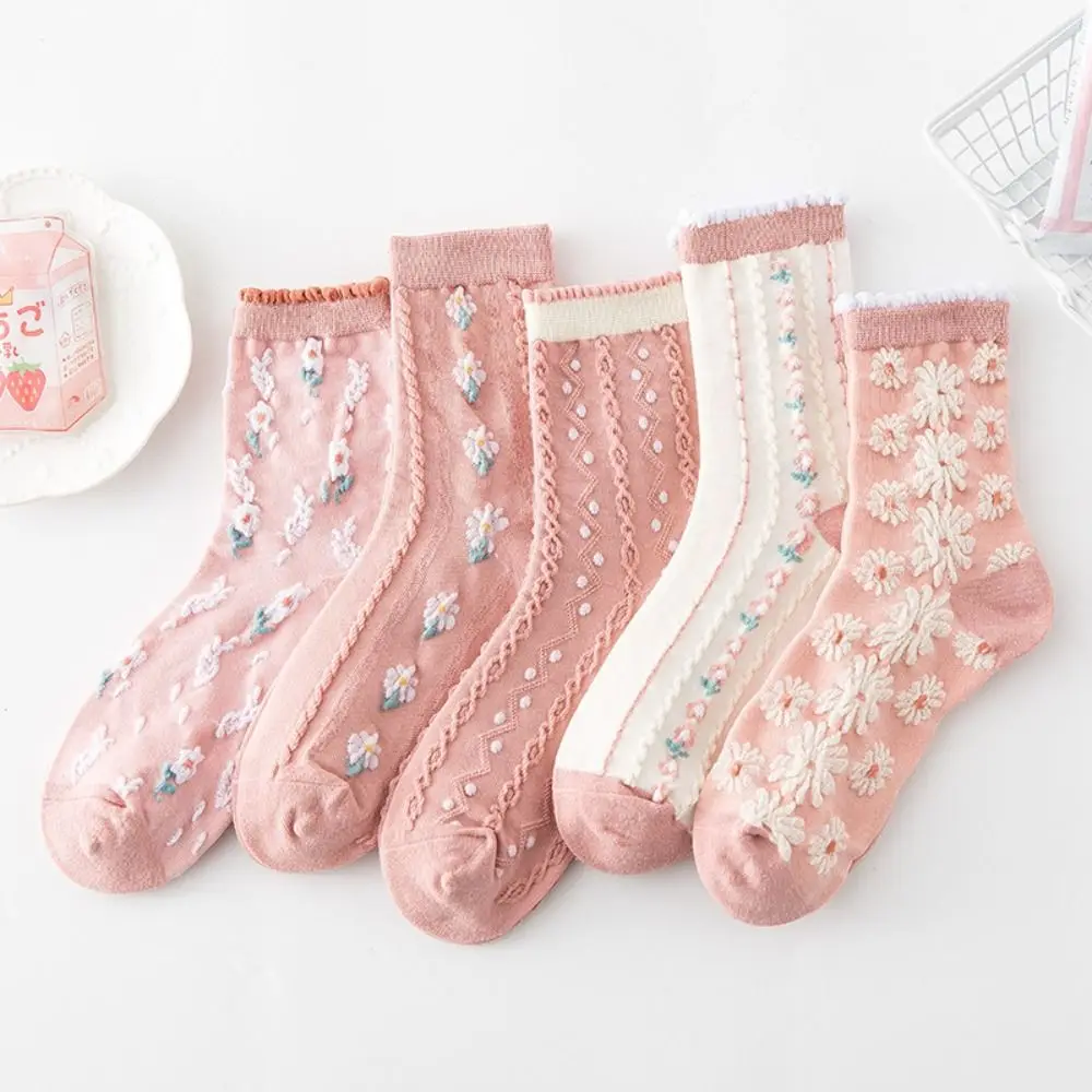 

Winter Sweet Soft Flower Thick Embroidery Cute Trendy Korean Style Socks Cotton Hosiery Women Socks Middle Tube