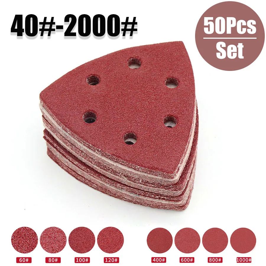 

50pcs 90x90mm Triangle Sanding Pads Mouse Sander Pads Sandpaper With 6 Holes 40-2000 Grits For Delta Sanders/Multi-Sanders