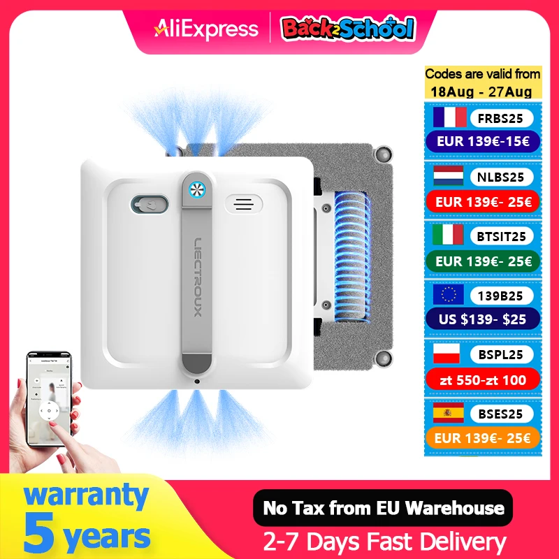 2025 Robot lavavetri Liectroux S9 con 2 spazzole rotanti, spruzzo a 6 ugelli, motore brushless, aspirazione 9KPa, per vetri senza cornice,8 microinterruttori,cavo e corda di sicurezza 2 in 1, app,