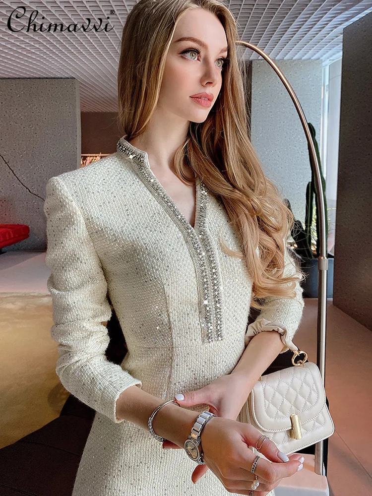 

Women Dress 2024 Spring Tweed Sequined Rhinestone V-neck Long Sleeve High Waist Tight Fitting Mid-Length Dresses Office Lady