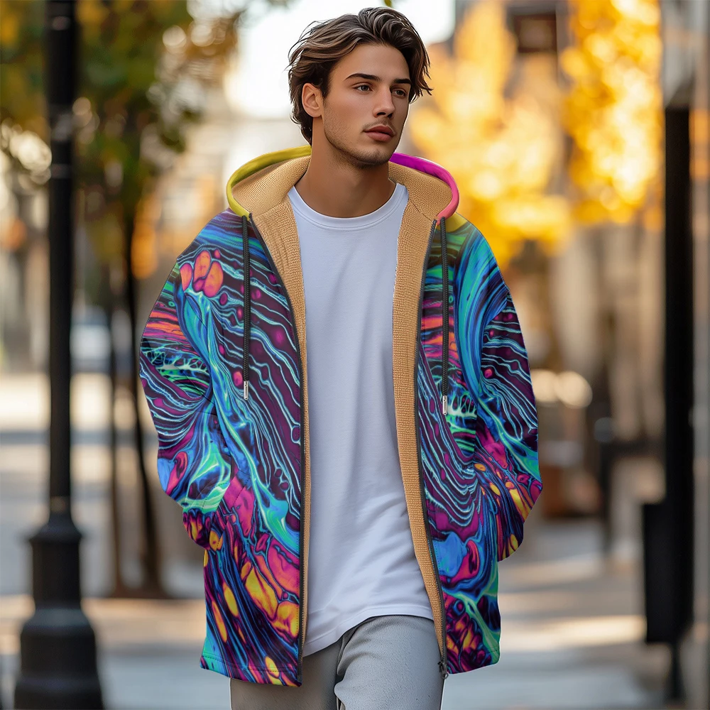 Man winter clothing, New in Down Coats, Color wave graffiti new style cotton-padded jacket clothing, feather print pocket zipper