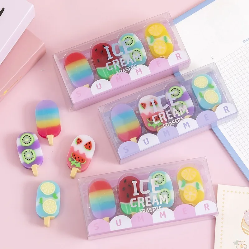

Набор из 4 шт. вкусных ластиков-десертов: мини-фруктовые, мороженые, леденцовые ластики для детей и школьников, случайный цвет