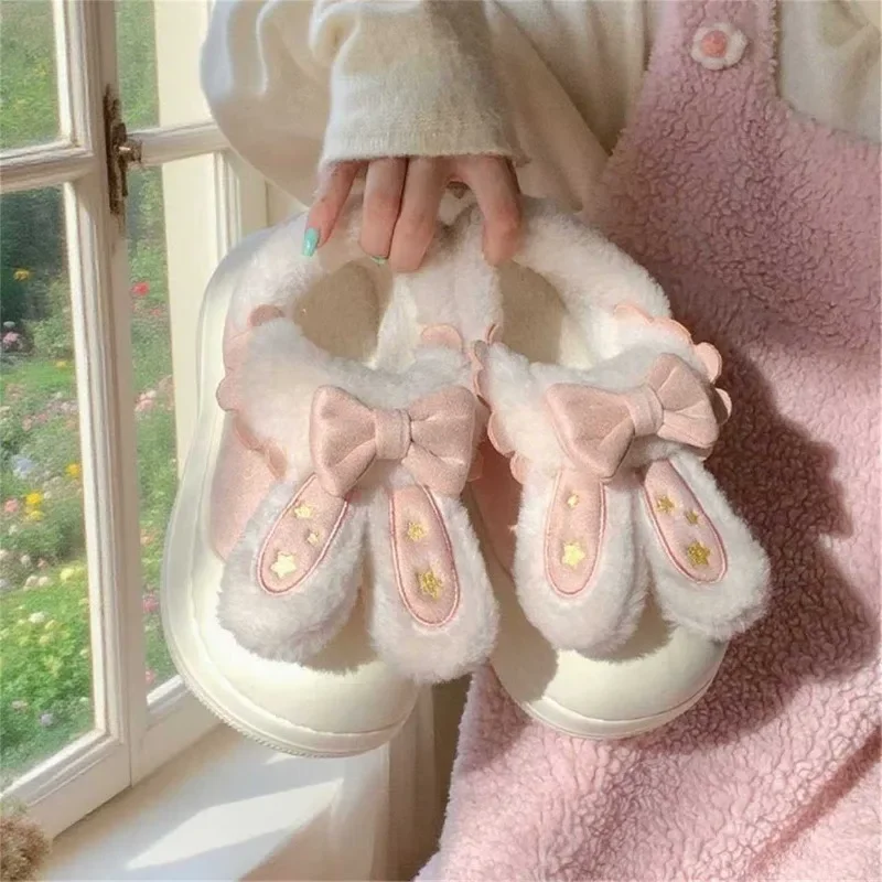 

Cute Rabbit Ears Thick Bottom with Velvet Bread Shoes Winter Fashion Women's Soft and Cute Warm LO Cotton Shoes