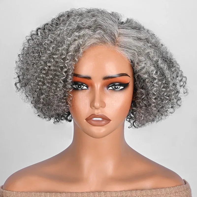 100% cabello humano Real de sal y pimienta, peluca gris rizada Jerry corta sin pegamento, pelucas con cierre frontal de encaje 5x5 para mujeres maduras y elegantes