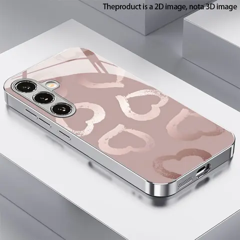 Rosa Pink Heart Pattern 2D Phone Case for Samsung S26 S25 S24 S23 S22 S21 S20 A56 A36 A16 - Electroplated Glass Protective Cover