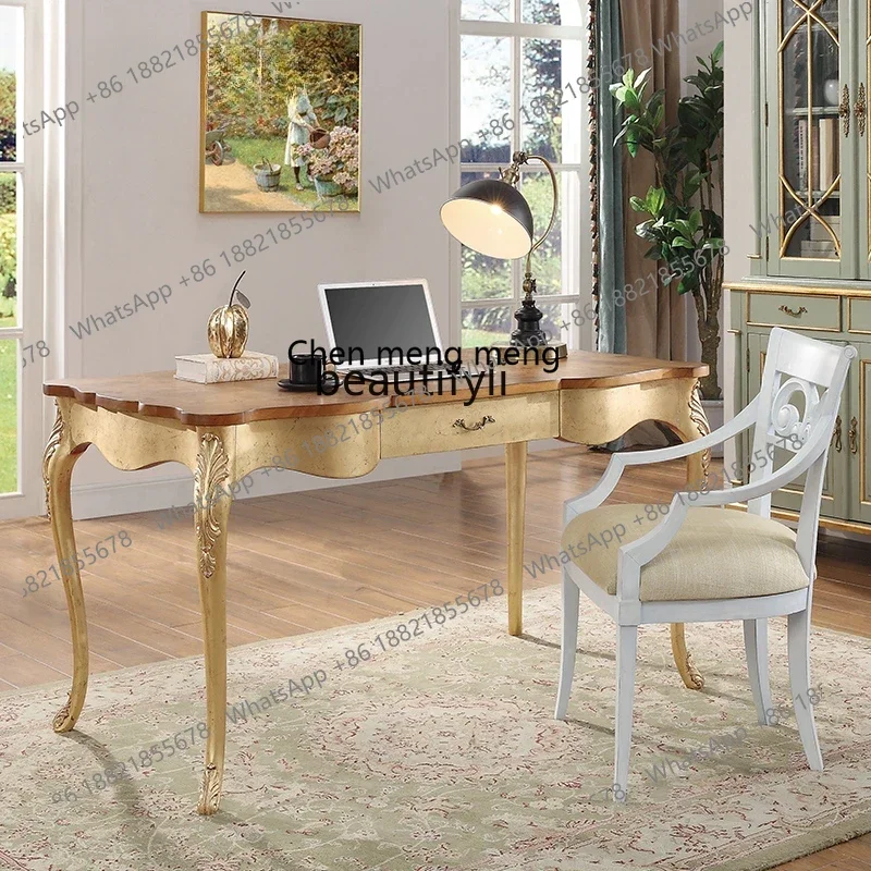 

ss7304 French Retro Mahogany Desk Chair Combination Gold-Painted Old High-End Solid Wood Study Furniture