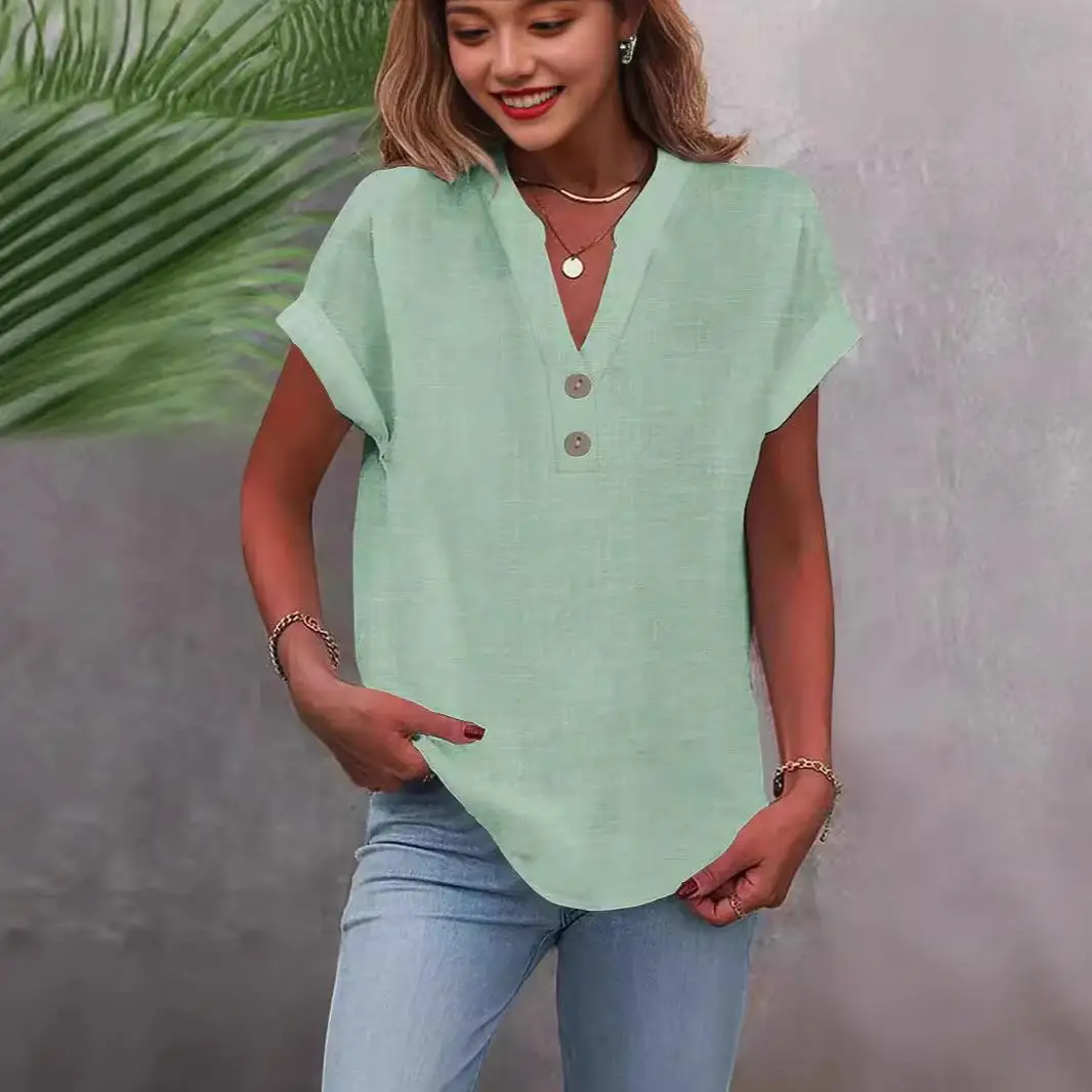 ياقة واقفة للنساء ort Sve irt مزيج القطن الرقيق جرس Sve نسيج البوليستر الصيف Faion السيدات irt