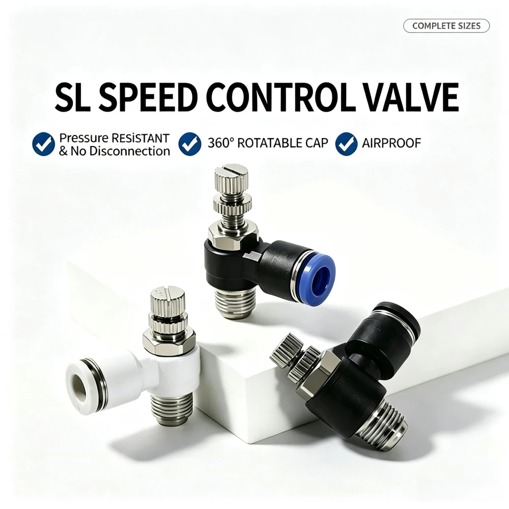 SL Series Pneumatic Speed Control Valve, Air Flow Throttle Valve Quick Push In Fitting, 4/6/8/10/12mm Tube M5 1/8