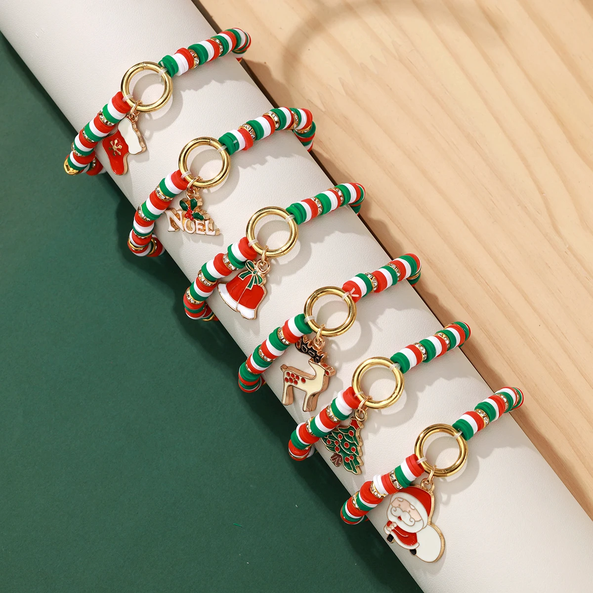12-Piece New Polymer Clay Bracelet Set with Christmas Tree, Gift, Snowman, Bell & Rhinestone Spacers(color random)