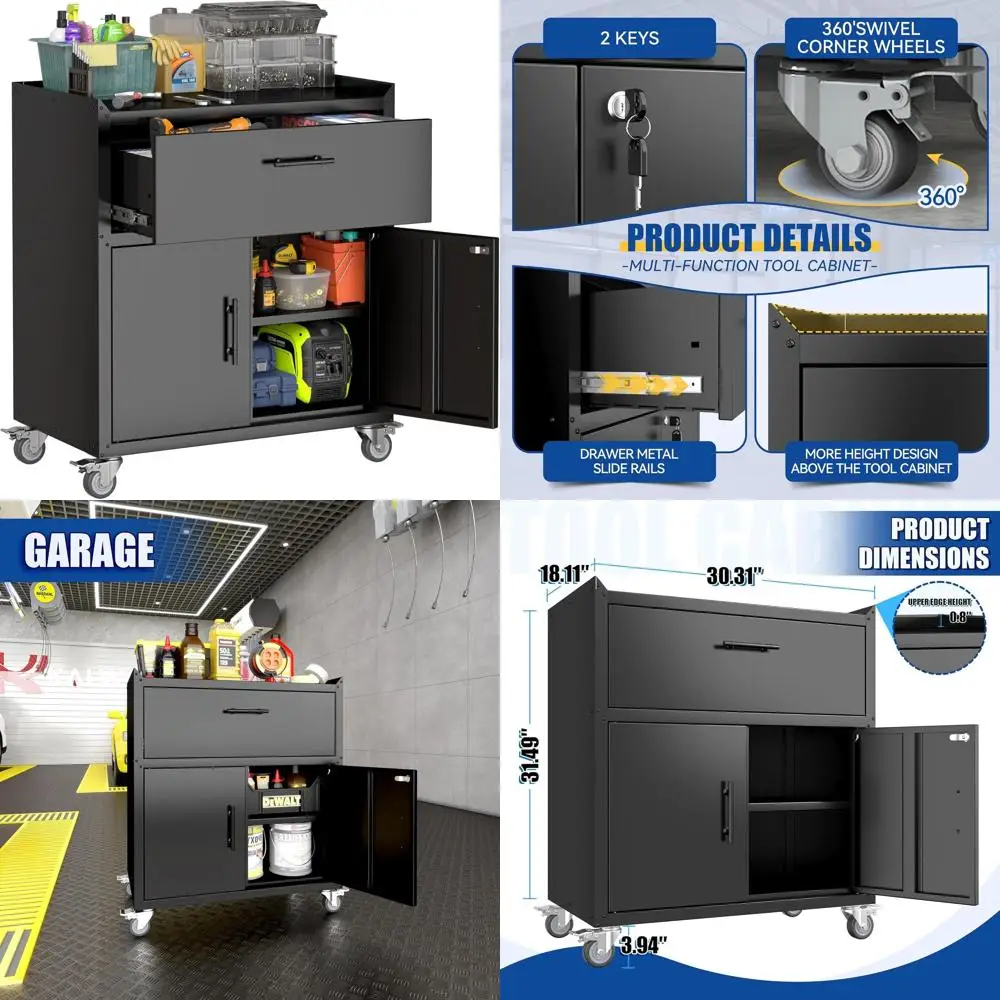 

2-Door Lockable Metal Tool Cabinet with Wheels, Rolling Storage Chest, Assembly Needed, H35.4xW30.3xD18