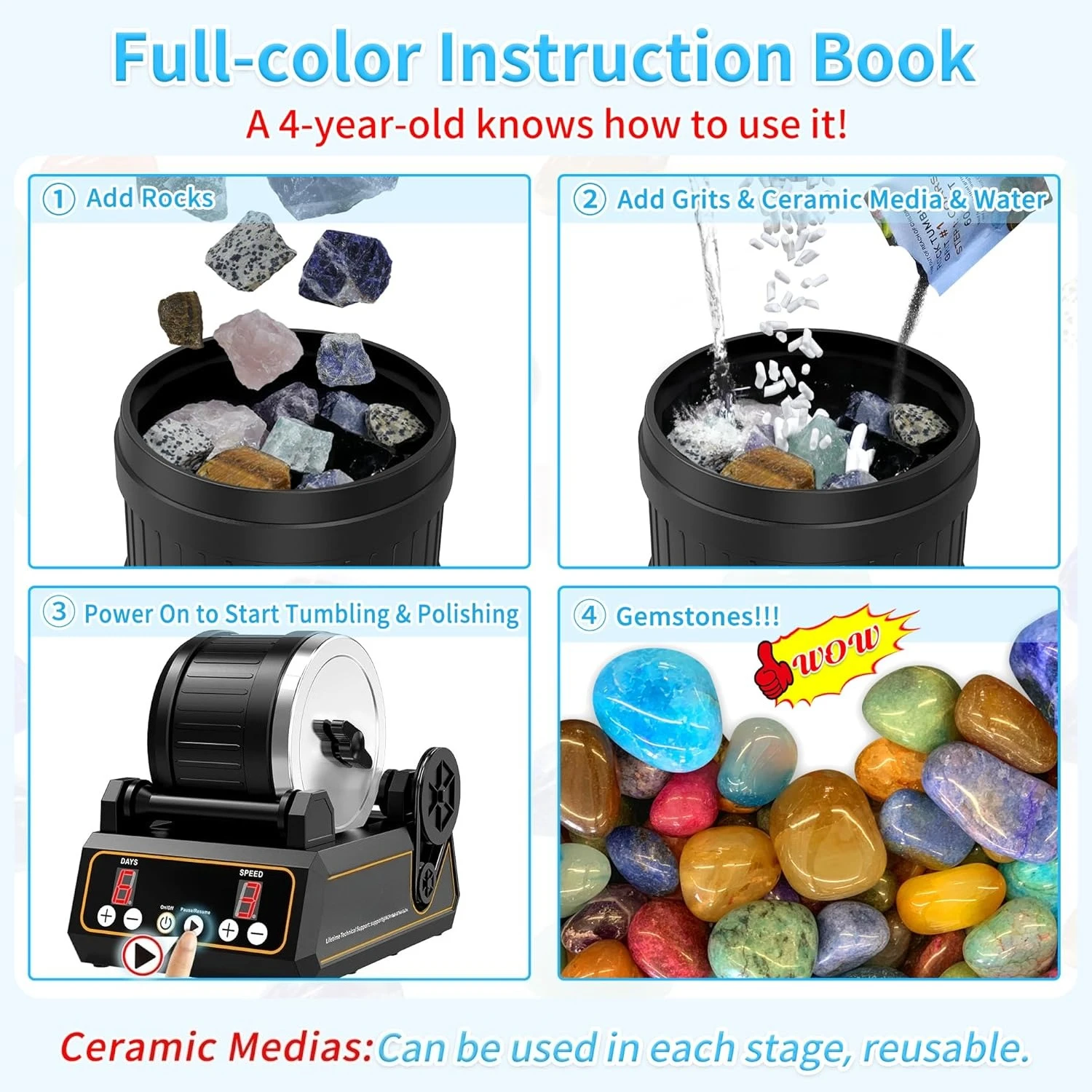 

Rock Tumbler Kit, K1 Professional Large 2.5LB Capacity Edition - Memory Function, Digital Timer & Variable Speeds·New Popularity