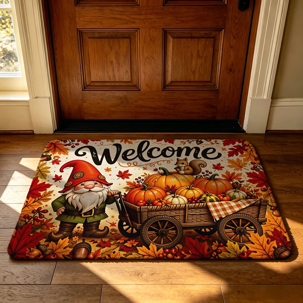 Welcome Gnome Pumpkin Cart Doormat Fall Harvest Wagon Mat Farmhouse Entryway Rug Rustic Autumn Home Decor