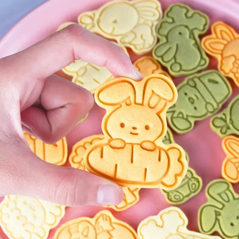 Cartoon Easter Bunny Cookie Embosser Molds Cute Rabbit Biscuit Cutter 3D Plastic Cookies Press Baking Household Stamp Cake Decor