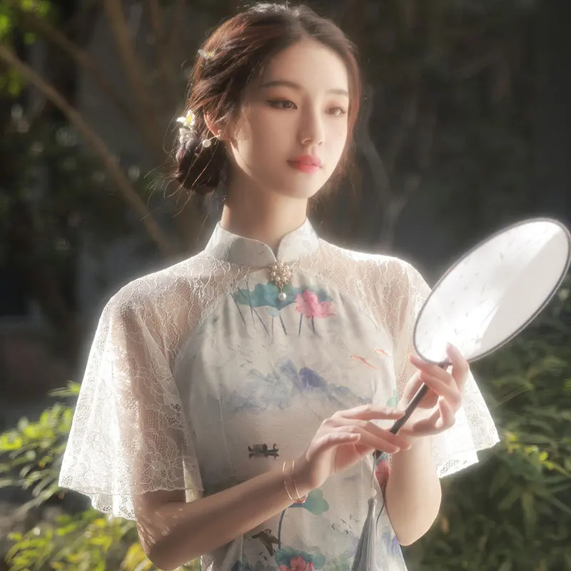 

Improved Lace Cheongsam Floral Lotus Big Sleeve Soft Vintage Dress Slim Women Costumes Elegant Long Qipao S To XXL
