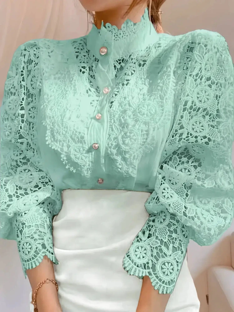 Novo outono feminino gola alta camisa de manga longa elegante renda casual cardigan blusa tamanho grande quatro estações 12419