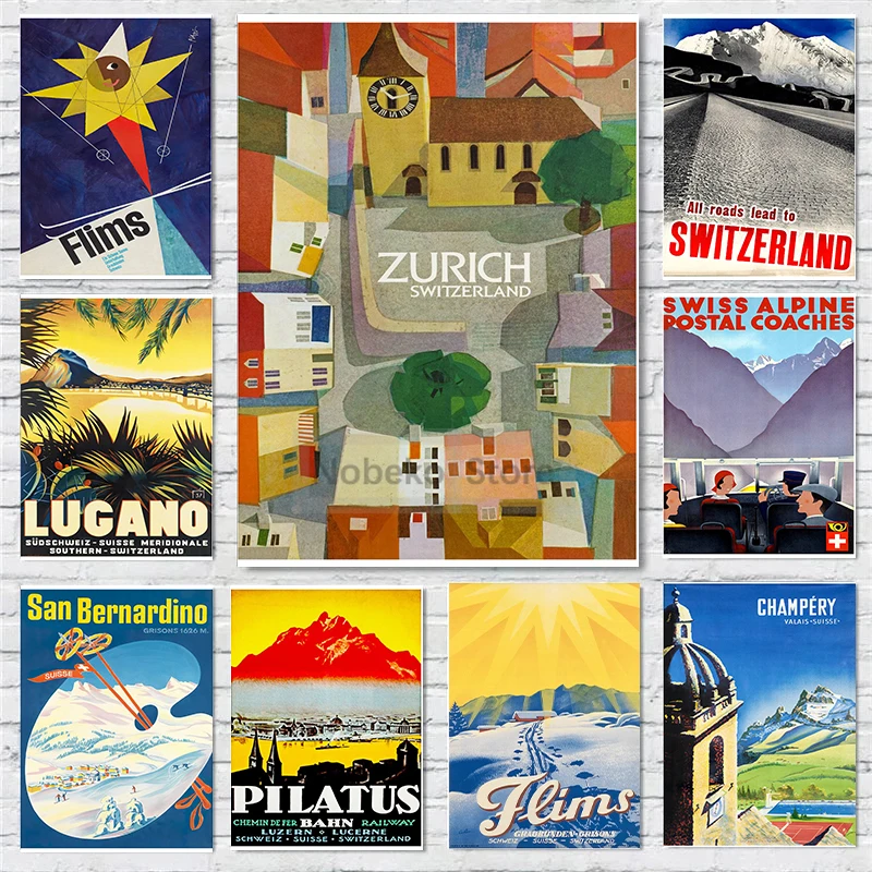 Switzerland Vintage Travel Posters San Bernardino Zurich Lugano Poster Prints Canvas Painting Wall Art Pictures Home Room Decor