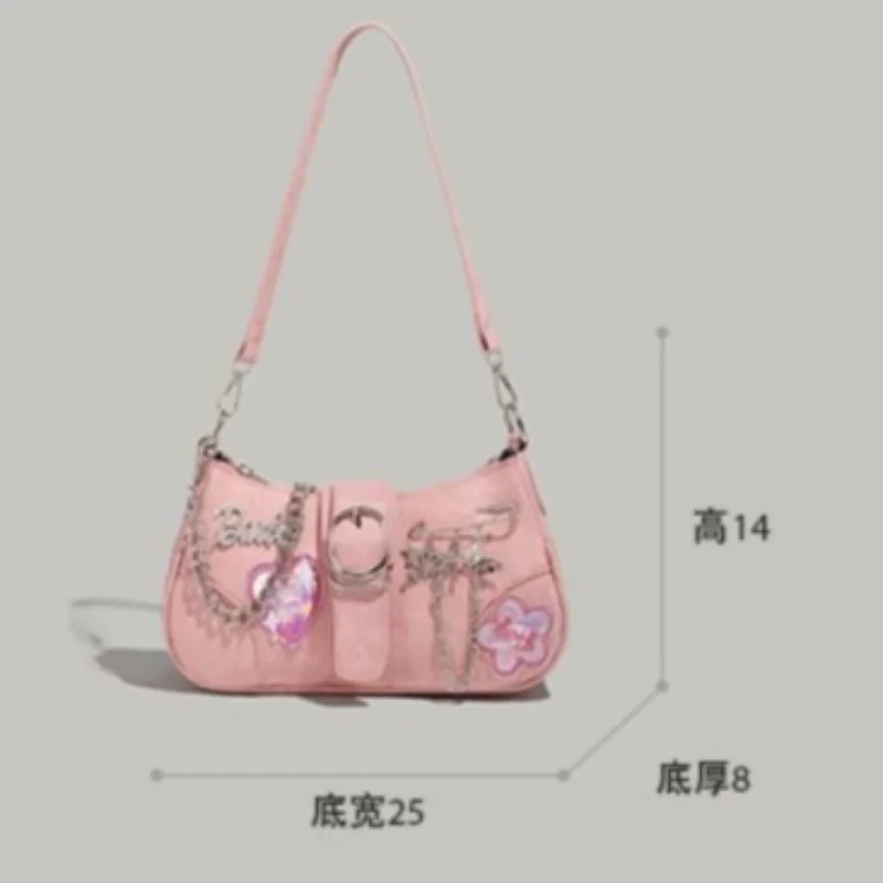 Y2k Pink PU Leather Shoulder Bags Fashion Heart Flower Printed Handbags for Women Spicy Girls Stylish Chain Underarm Bags