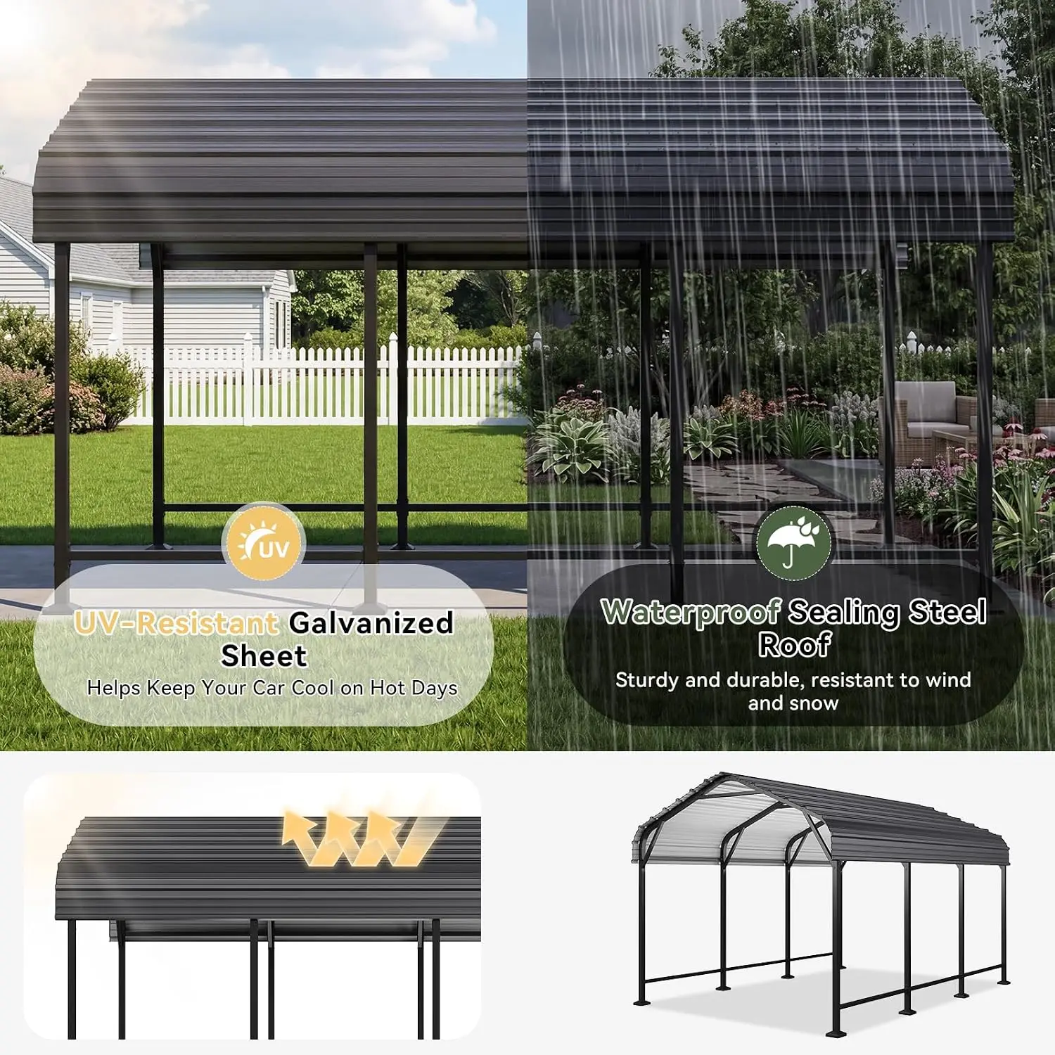 Metal Carport 10x15FT Heavy Duty Shelter for Car Truck Boat RV Outdoor Storage Reinforced Steel Frame Weatherproof, Customized