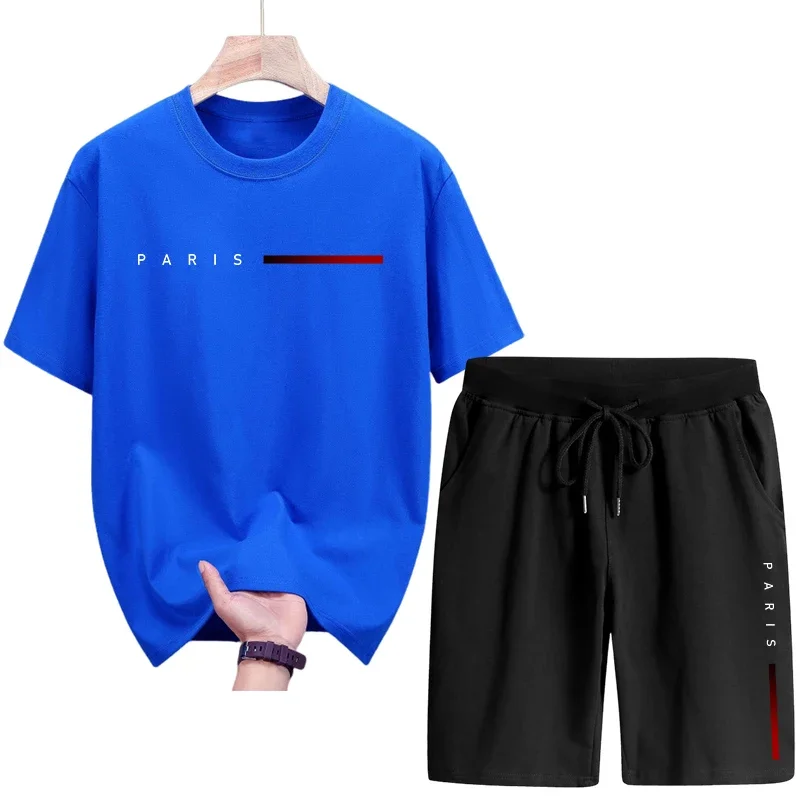 الصيف Hot البيع الرجال مجموعة عالية الجودة القطن الخالص تي شيرت سريعة الجافة السراويل باريس موضة مطبوعة رياضية الذكور ملابس غير رسمية