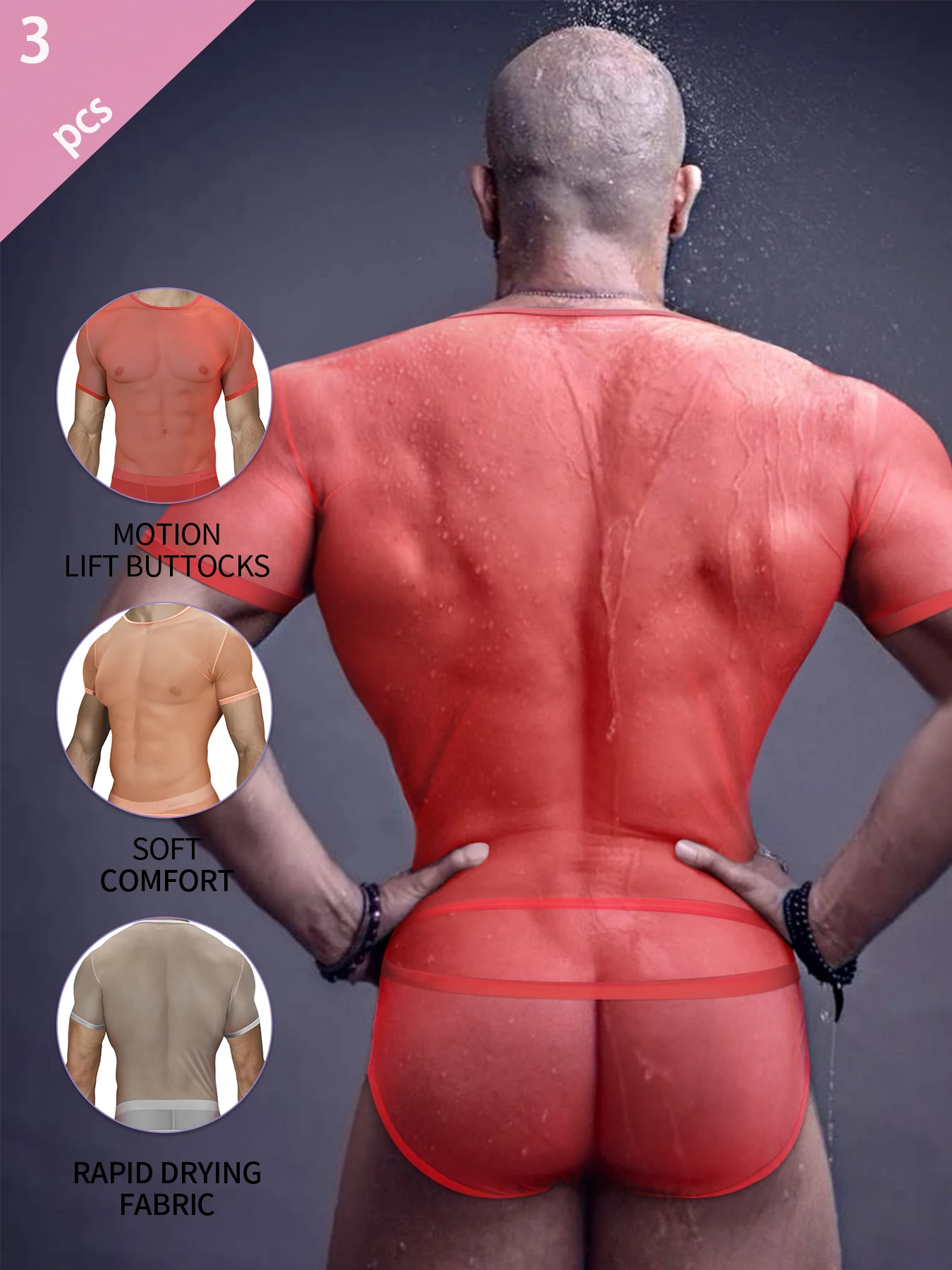 

3Pcs Transparent Sexy Men's Short Sleeved Silky High-elastic Glossy Sports Inner Bottoming T-shirt Summer