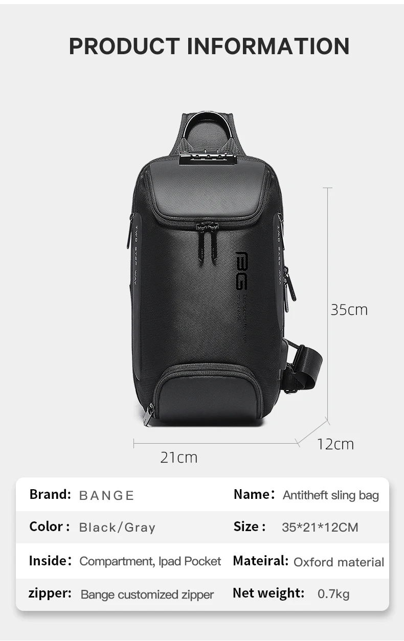 BANGE Neues Modell Class Song Herren Business Anti-Diebstahl Umhängetasche mit USB-Anschluss, Leichte Outdoor Herren Crossbody Brusttasche – Detail 6