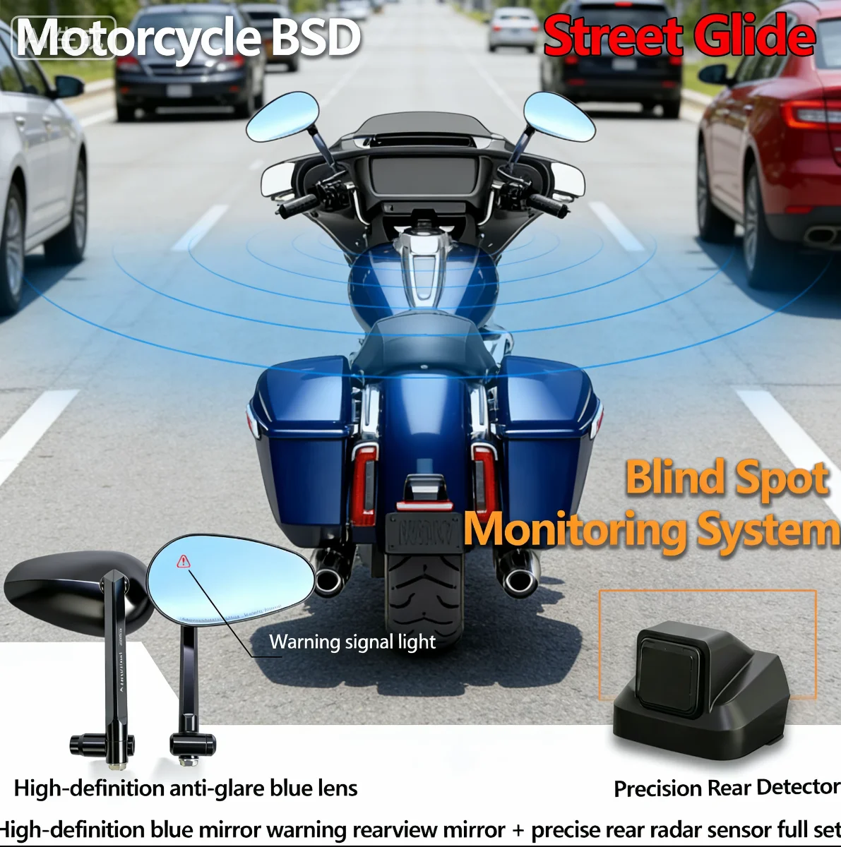 2For Harley-Davidson Street Glide Motorcycle Rearview Mirror Radar BSD Blind Spot Monitoring System No Drilling Motorcycle Parts
