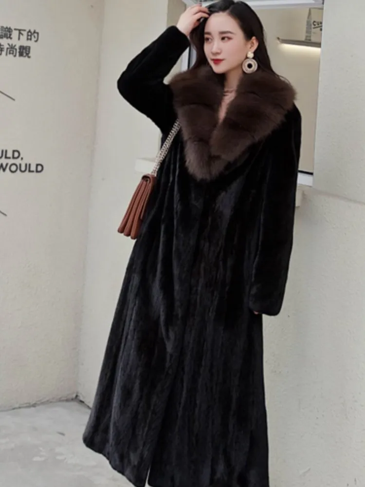 المرأة أنيقة فو الفراء طوق معاطف طويلة الكورية خمر الأسود لينة الفراء معاطف دافئة شتاء موضة جديدة فو الفراء معاطف