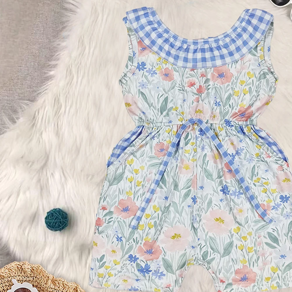 Baby Girls Blue Flowers Checkered Shorts Jumpsuits