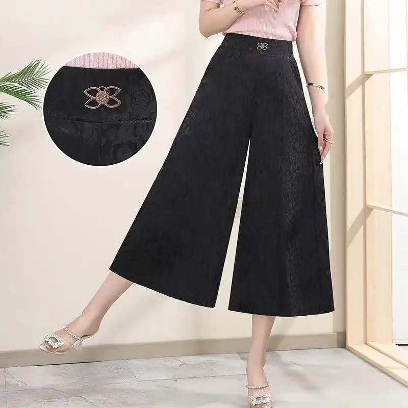 Summer Elastic High Waist Wide Leg Pants Women's Fashion Jacquard Patchwork Pockets Casual Loose Quick Drying Straight Trousers