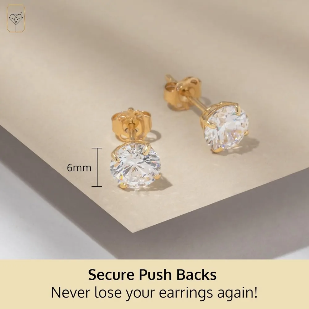 أقراط سوليتير مكعبة الزركونيا المستديرة من الذهب عيار 14 قيراط - ترصيع للجنسين مع تشيكوسلوفاكيا المضادة للتشويه، أقراط متينة وأنيقة للنساء