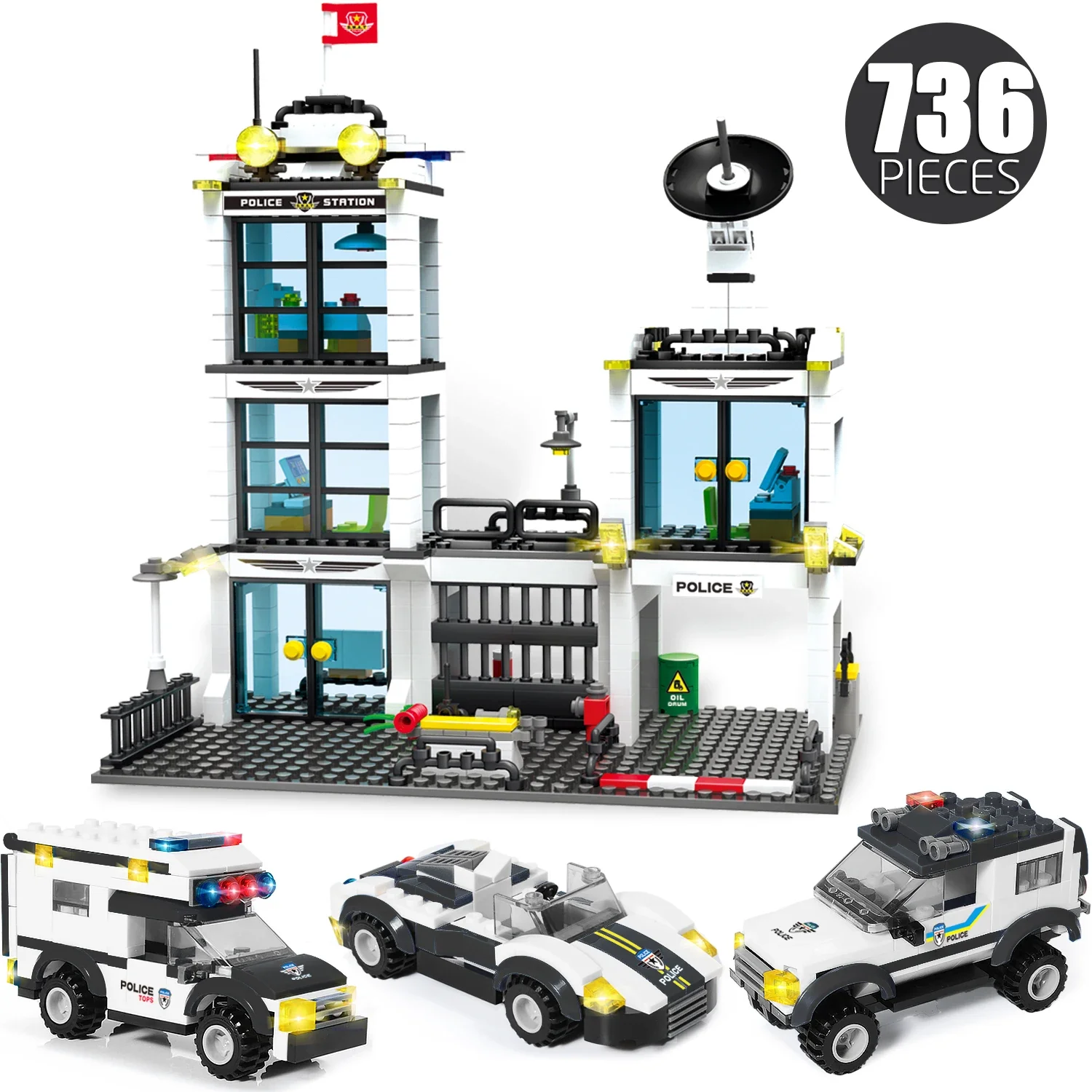 

736PCS City Police Station Building Blocks Set, DIY Car & Figures Bricks Kit, Educational Toys for Kids & Adults, Gift Idea