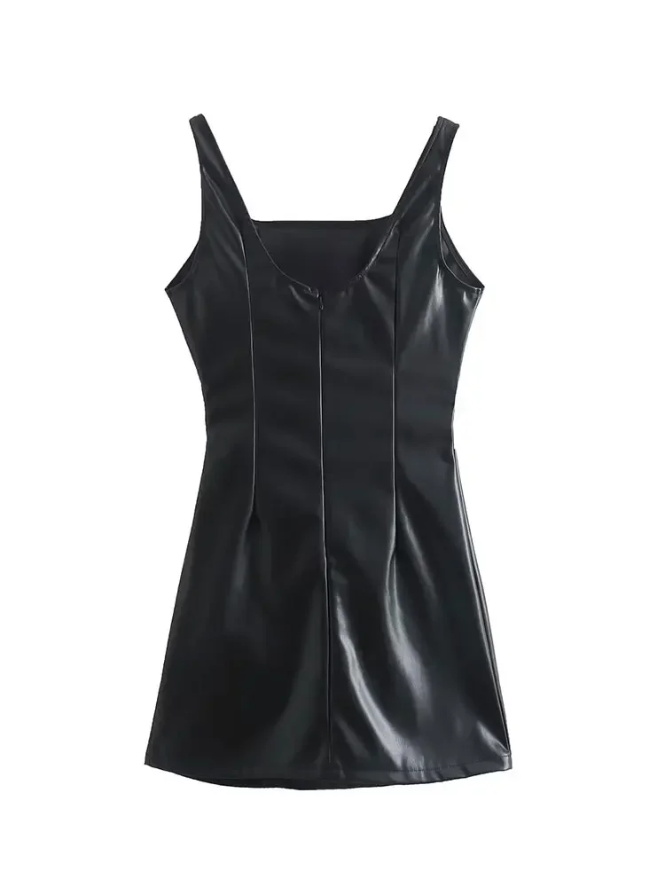 

Women's Black Matte Faux Leather Mini Dress Sleeveless Spaghetti Strap Sexy Back Zipper Chic Female Dress