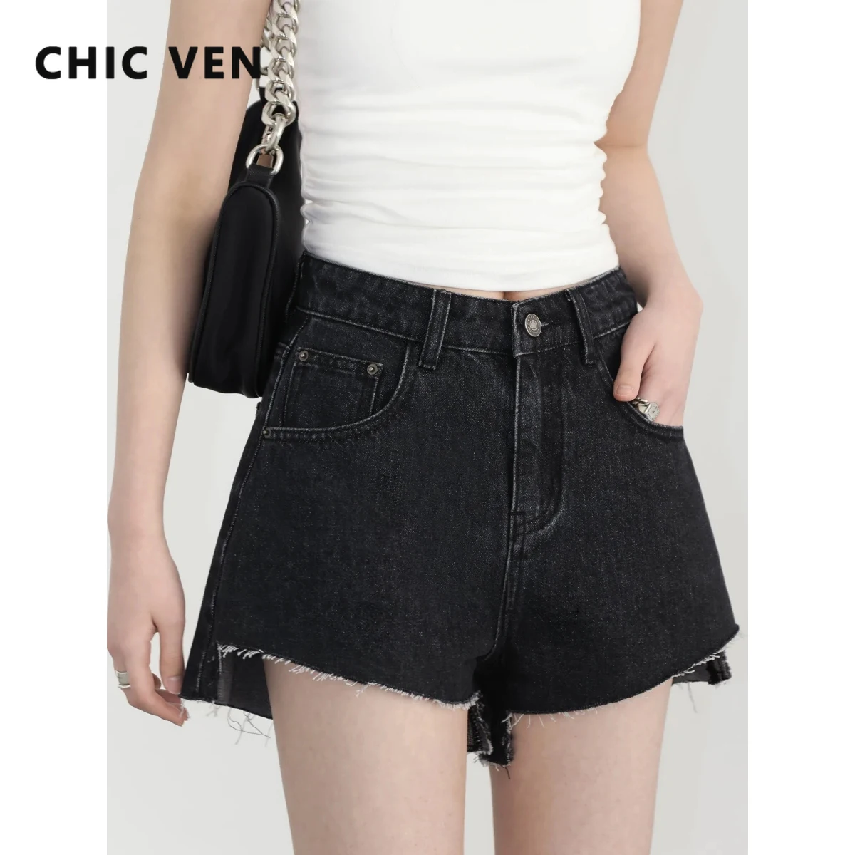 

CHIC VEN Women Shorts Black Solid New High Waist Asymmetric Hem Ladies Love Fur Edge Denim Short Summer 2024