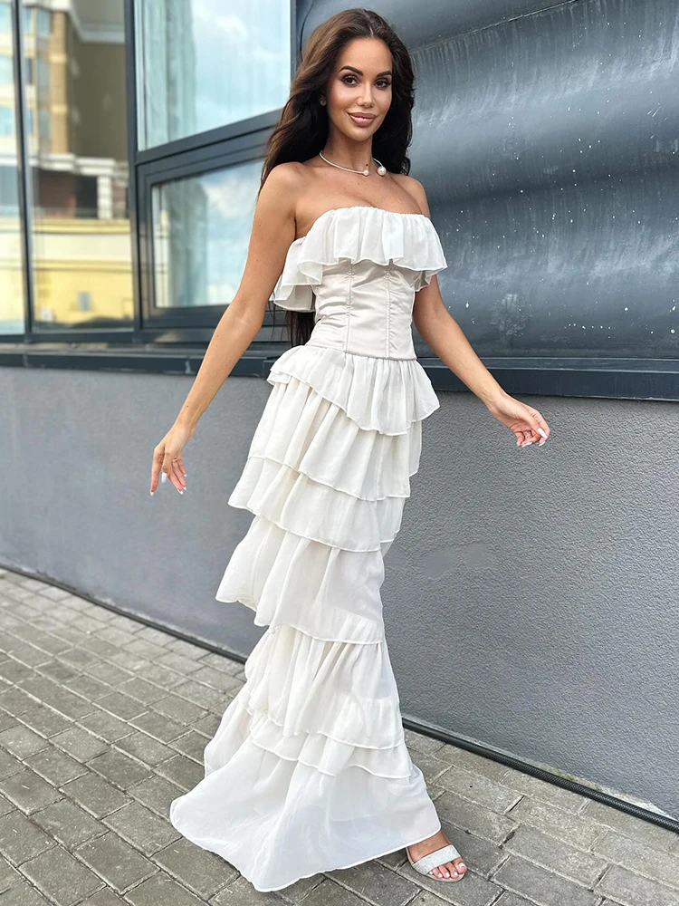 VC Sets For Women 2 Pieces Elegant And Pretty Lace-Up Corset And Slash Neck Long Cake Dress Set Chiffon Female Clothing