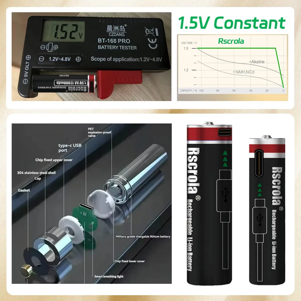 بطارية AA قابلة للشحن تدوم طويلاً وبطارية AAA قابلة لإعادة الشحن 12000 مللي أمبير في الساعة 8000 مللي أمبير في الساعة 1.5 فولت بطاريات ليثيوم أيون مع كابل TypeC #4