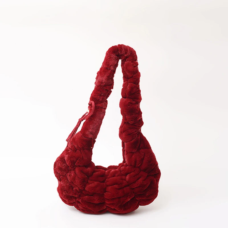 New Autumn and Winter Women Plush Shoulder Bag Pleated Hobo Bag Adjustable Strap Clutch Purse Dumpling Bags for Work Travel image 2