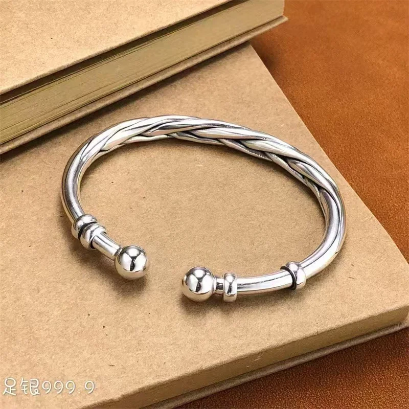 Trendy Unisex Braided Twist Open Silver Bangle S999.9 Pure Silver Double Ball Ends Adjustable Cuff Bracelet Gift For Lovers