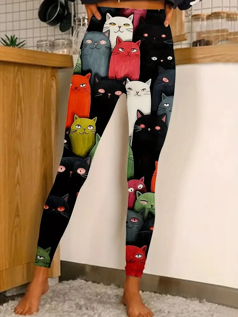 Cute crowded cat print casual stretch leggings for women