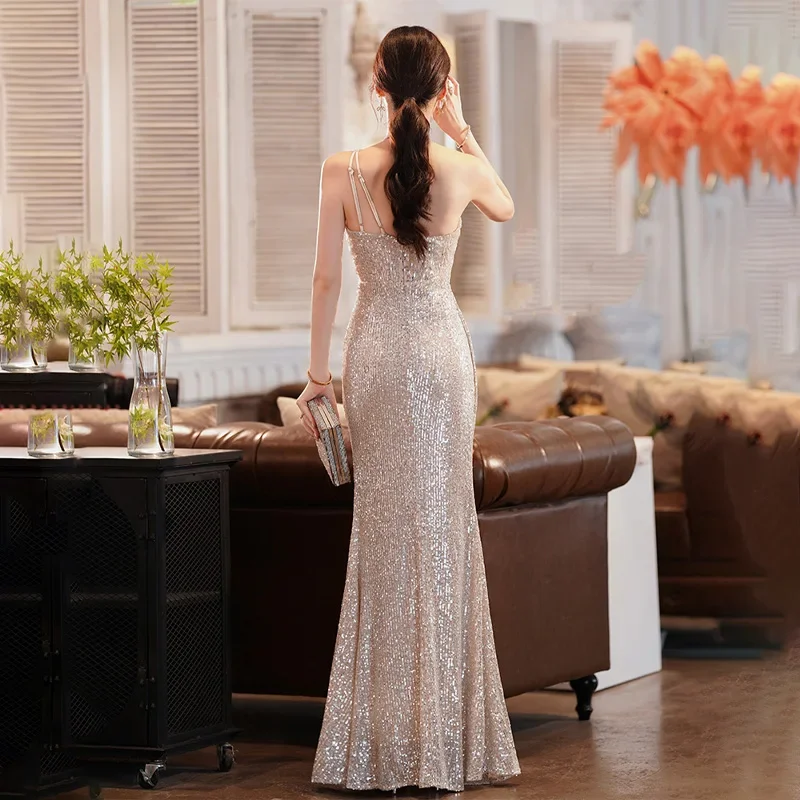 New Arrival Sleeveless Mermaid One-Shoulder Floor-Length Champagne Sequins Zipper Back Sexy Formal Dress Dress Woman Party A2820