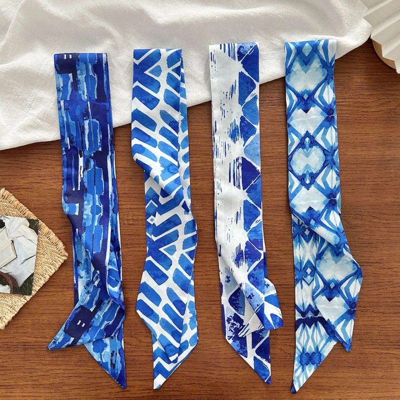 

Chinese Style Watercolor Blue Skinny Scarf for Women Satin Neckerchief Multi-use Hair Scarf Bag Wrap Soft Neck Scarf for Travel