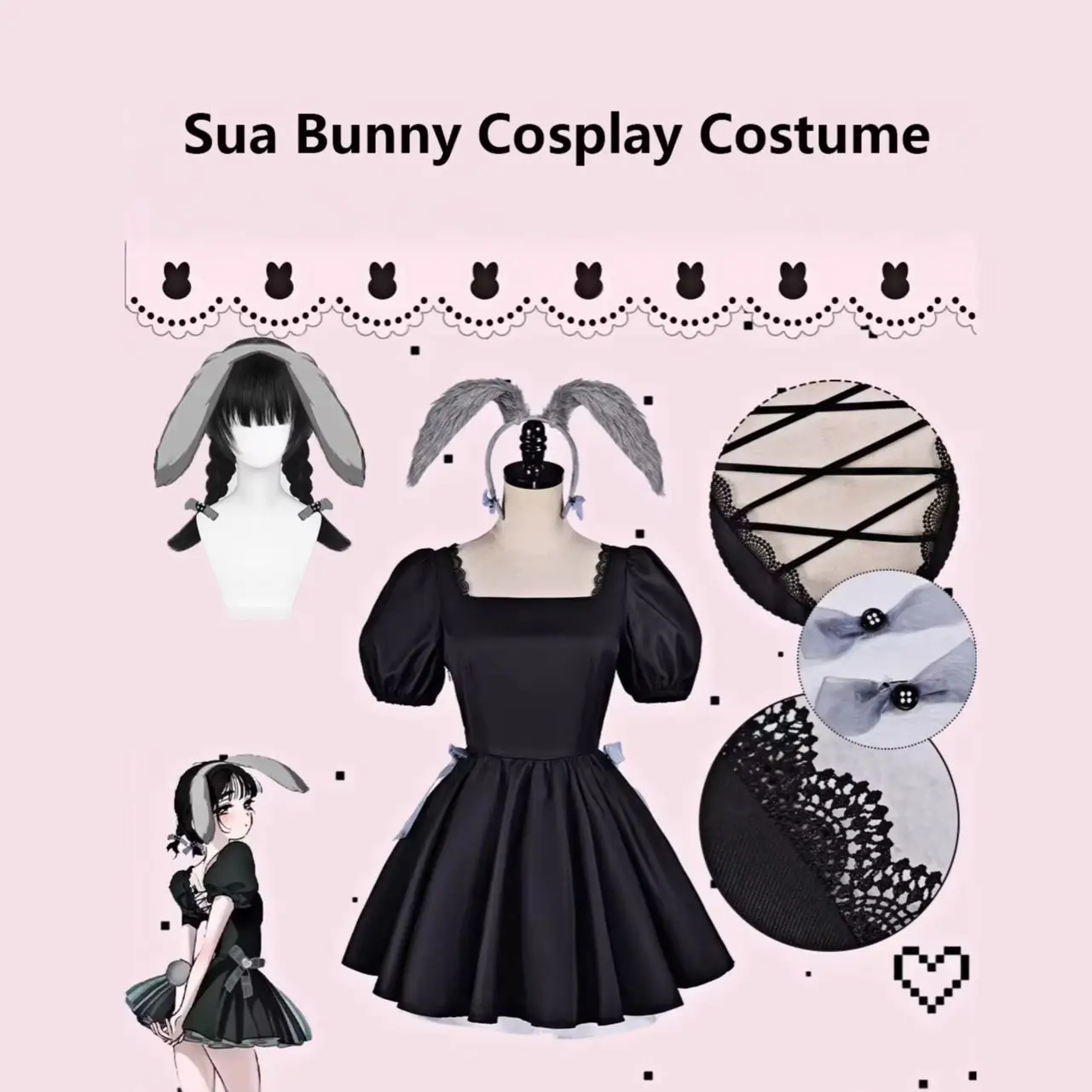 Alien Stage Sua 3rd Anniversary Rabbit Cafe‑Style Bunny Girl Cosplay Costume, Black Lace Puff‑Sleeve Dress Set, Halloween Costum