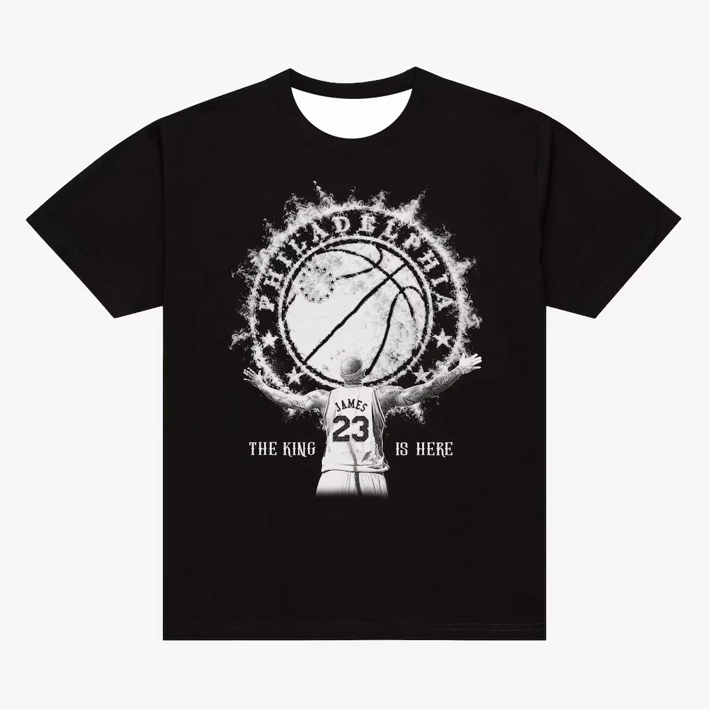 Basketball Fan Inspired James T-shirt, The King Is Here Philly Basketball Graphic Tee, Polyester Unisex Casual Short Sleeve Top
