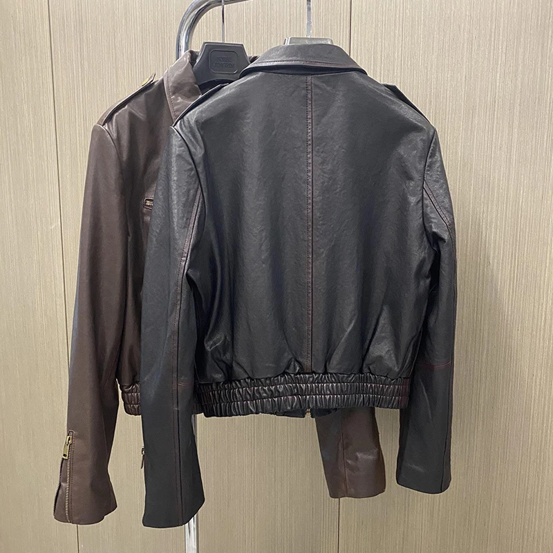 Veste en cuir véritable marron décontracté pour femmes, manteaux rétro en détresse, fermeture éclair, taille élastique, niveau A, vestes courtes en peau de mouton