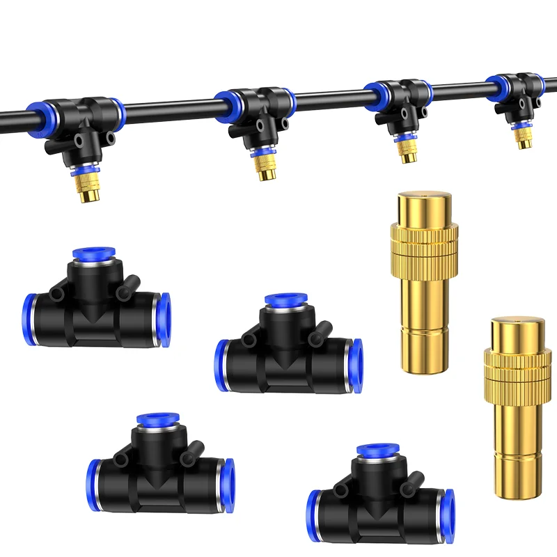

Adjustable Copper Sprayer Atomizing Kits Nozzles+T Connectors for Misting Watering Plant Devices 9/12MM OD